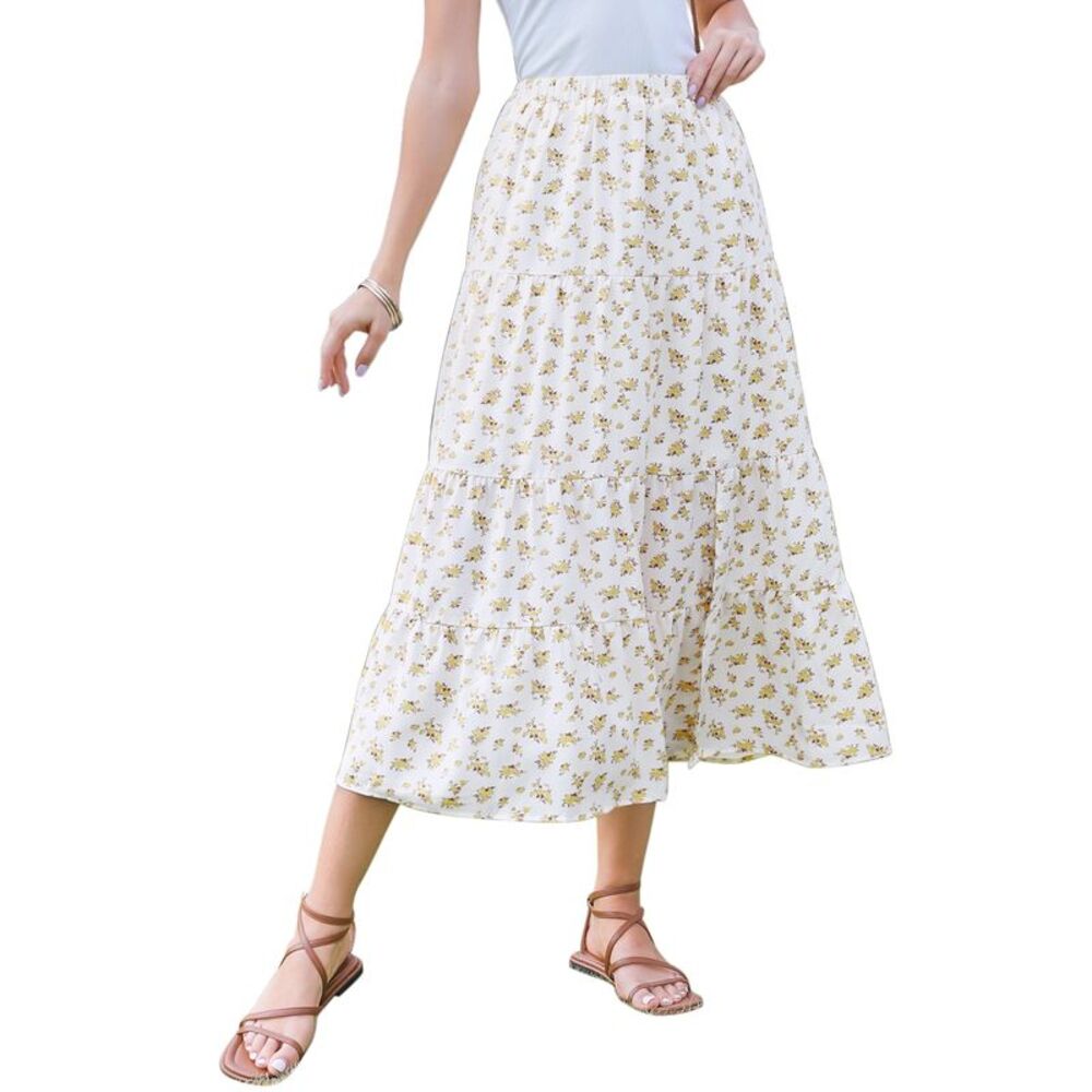 Women Boho Elastic High Waist A-Line Skirts Floral Maxi Skirt Beige